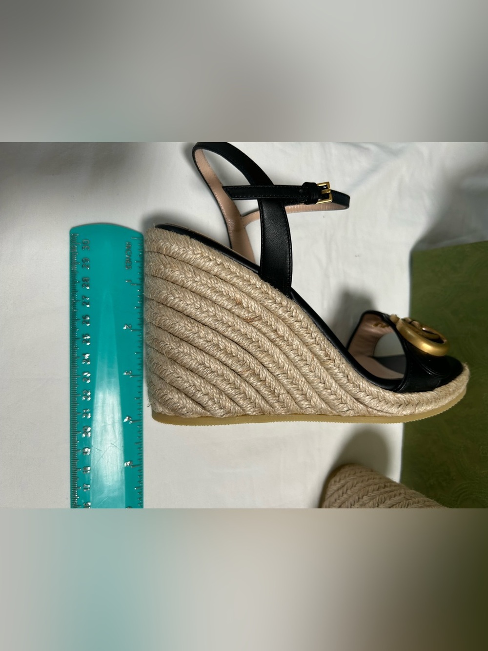 NWT Gucci Aitana Black Leather Espadrille Wedge Sandals w Gold GG Size 4.5/ 34.5 - Picture 11 of 12